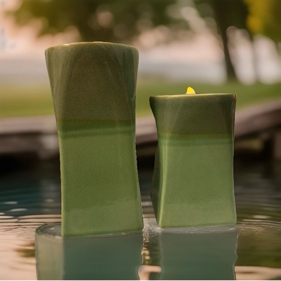 PartyLite Nature's Garden Ceramic Pillar Tealight Candle Holders Green Set Of 2 - Picture 14 of 15